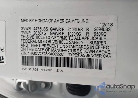 2019 Honda Accord Sport 2.0T z USA, uszkodzony, nr VIN 1HGCV2F38KA005537